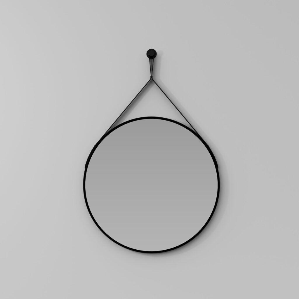 Miroir rond Ring en métal peint avec une sangle de suspension en faux cuir noir  - Ideagroup